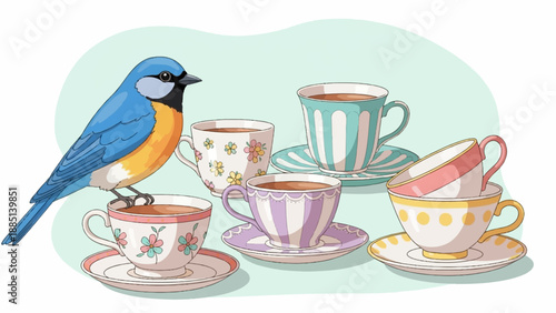 A blue bird perches on a teacup, surrounded by assorted colorful teacups