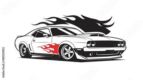 Classic Muscle Car with Flames and Smoke Illustration.