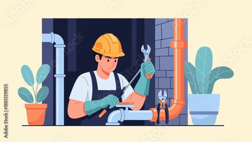 A cheerful worker in protective gear meticulously repairs pipes with tools