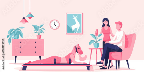 A couple relaxing in a pink and blue minimalist living room with a horse toy