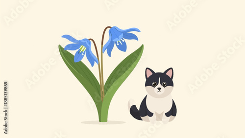 A cute, cartoon black and white dog sits beside blue spring flowers on a cream background