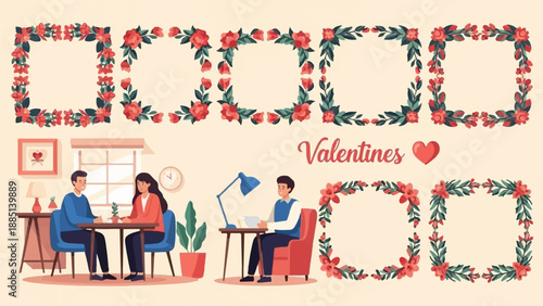 A couple shares a meal indoors while a single person works at a desk, surrounded by floral borders