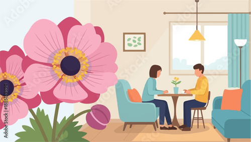 A couple shares a moment indoors, with large flowers in the foreground