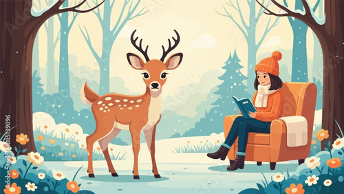 A child and a deer in a winter forest scene