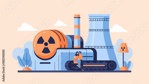 A couple sits by a nuclear power plant under a light peach sky