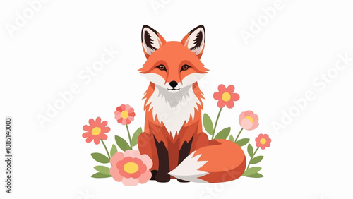 A cute cartoon fox sits amidst a vibrant display of pink and coral flowers