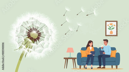 A couple sits on a sofa while dandelion seeds float by