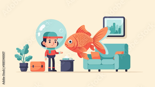 A child wearing a bubble helmet reaches for a giant goldfish in a room