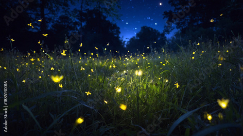 dozens of fireflies flying and glowing in the middle of the meadow at night
