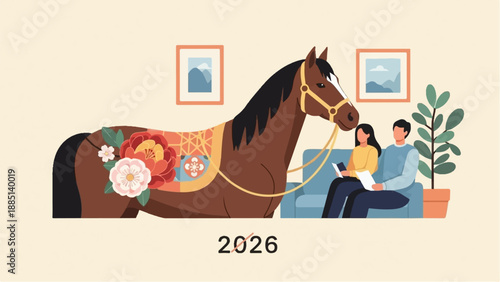 A couple sits on a couch while a decorated horse is by them, with artwork and plants