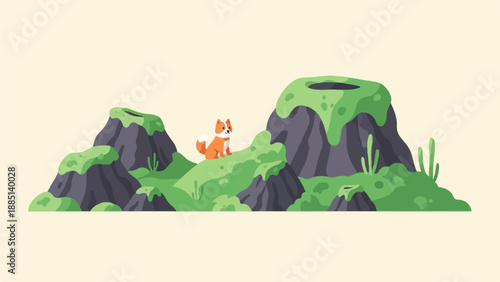 A cute cartoon fox sits on a grassy hill with rocky, moss-covered outcrops