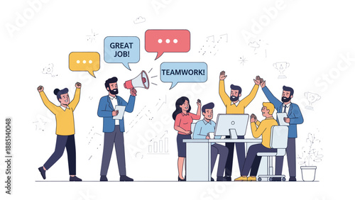 Team celebrating success, great job and teamwork in modern office