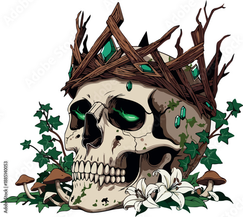 Woodland Spirit Skull with Emerald Crown Glowing Eyes Ivy and Mushrooms