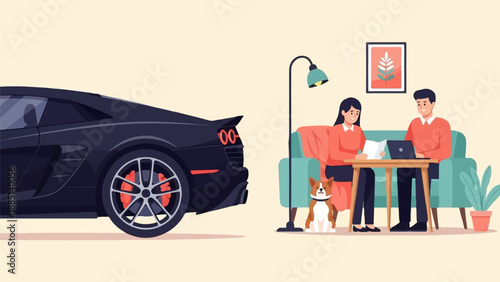 A couple works on laptop and reads a book beside a black sports car