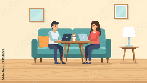 A couple works on laptops at a table with a cat, in a cozy living room setting