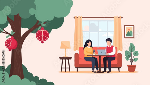 A couple works on laptops in a cozy living room with a pomegranate tree outside