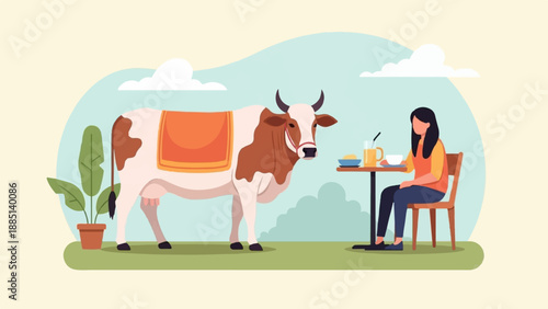 A cow and a woman are having a meal outdoors near a plant