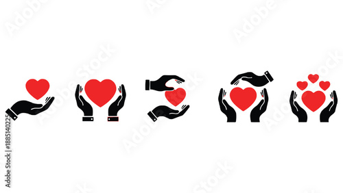A graphic illustration of hands holding hearts in various poses