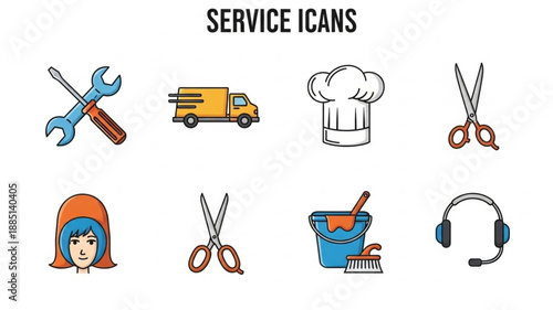 Collection of service icons representing different industries and professions.