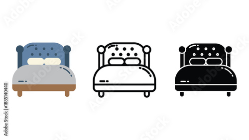 Three different colored bed icons on a white background