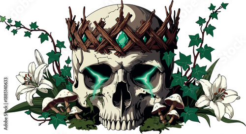 Mystic Skull with Branch Crown Ivy Lilies and Glowing Eyes