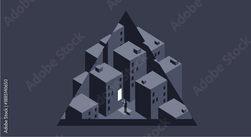 A solitary figure stands before a brightly lit doorway within a minimalist, monochromatic urban landscape, symbolizing a new beginning or escape.