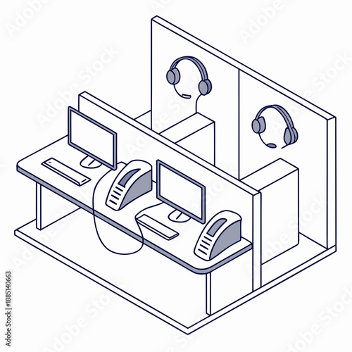 Abstract call center workspace concept, modern setup with headsets and monitors, symbolizing customer service and communication.