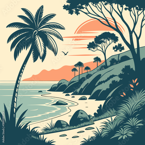 Peaceful coastal sunrise landscape featuring elongated shadows in a clean, smooth vector illustration.