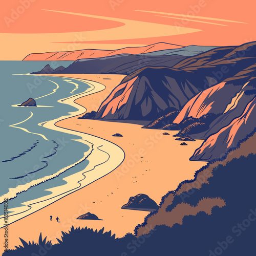 Serene coastal sunrise landscape with elongated shadows stretching across the land in a smooth vector style.