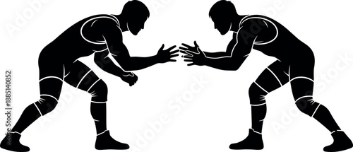 Two Professional Freestyle Wrestlers in Silhouette Stance Grappling Match Illustration Isolated on White Background for Sports Competition and Athletic Design