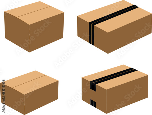Cardboard Shipping Box Set with Isometric Brown Mailing Cartons and Sealed Packaging Containers for E-commerce Delivery and Logistics Design