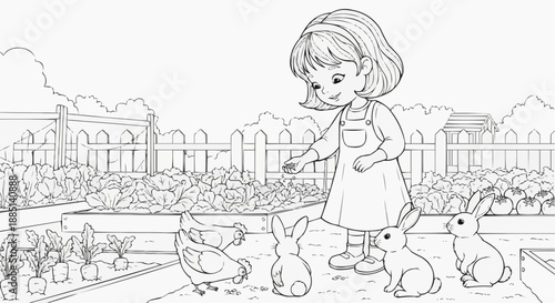 Children's coloring book - Young girl feeding rabbits and chickens in a garden setting  