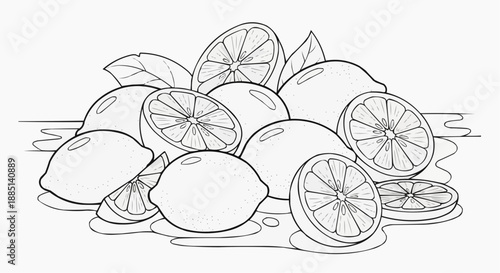 Children's coloring book - A pile of lemons and oranges with sliced slices and green leaves