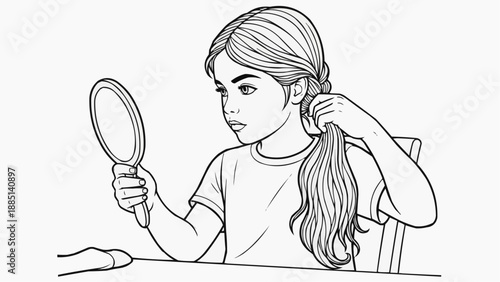 Children's coloring book - Young girl styling her hair while looking in a hand mirror  