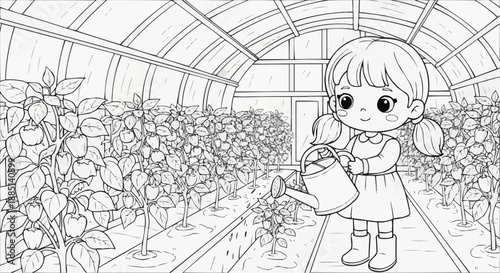 Children's coloring book - A girl waters peppers in a greenhouse, smiling and enjoying nature