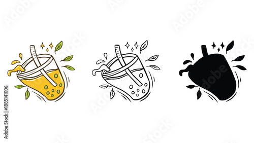 A colorful illustration of a refreshing drink with leaves and straws