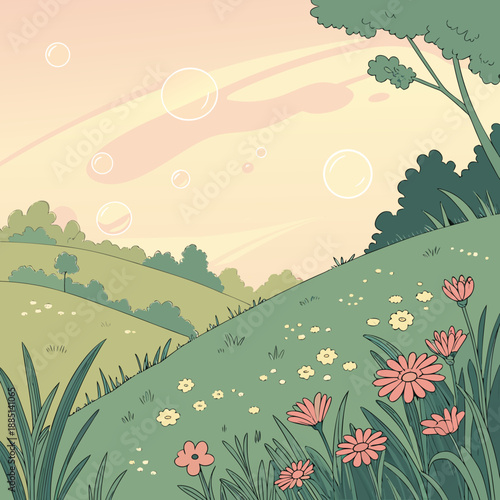 Dreamlike meadow landscape with floating lights, ethereal nature scene, magical and serene atmosphere, fantasy illustration.