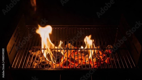 Intense bright yellow and orange flames erupting powerfully upwards from glowing hot charcoal briquettes arranged beneath an empty metal barbecue grilling rack in complete darkness creating a dramatic