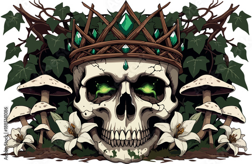Enchanted Forest Skull King with Emerald Crown and Glowing Eyes Amidst Nature