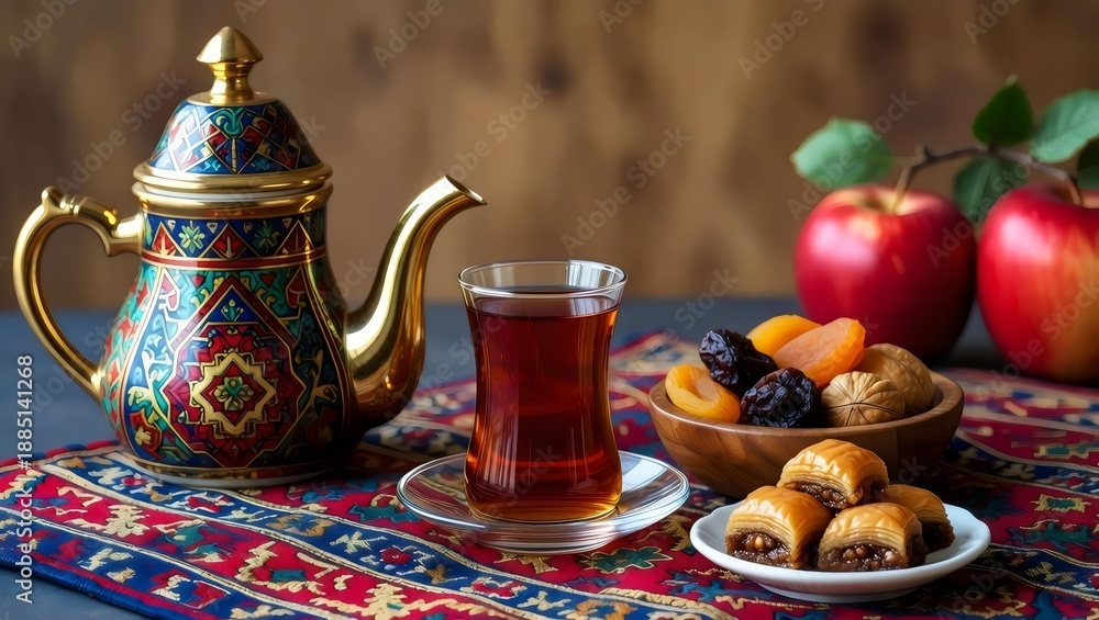 Fototapeta premium Traditional Turkish Apple Tea in Tulip Glass with Dried Fruits and Fresh Apples on Ornate Kilim Rug