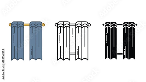 An illustration of different curtain designs on a white background