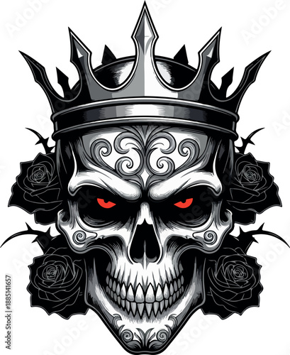 Royal Skull King with Glowing Red Eyes Crown and Black Roses