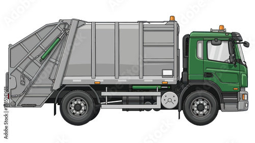 Green Garbage Truck Side View Isolated White Background Vector Illustration