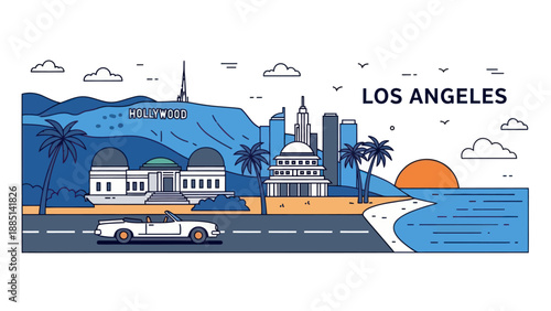 Los Angeles Skyline with Hollywood Sign, Griffith Observatory, Palm Trees, and Convertible Car