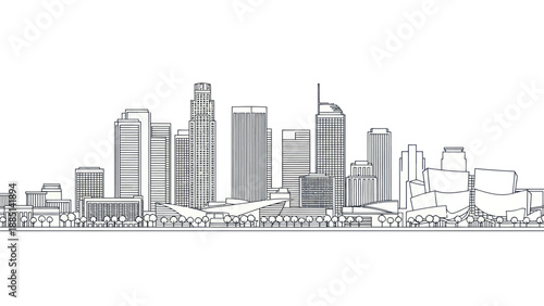 Modern City Skyline Sketch Outline Drawing White Background