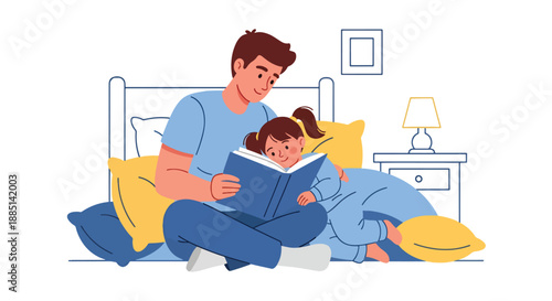 Vector illustration of a dad reading a bedtime story to his daughter, expressing care, imagination, and peaceful family time in a cozy flat vector home scene