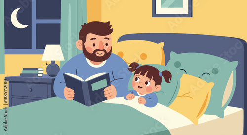 Vector illustration of a dad reading a bedtime story to his daughter, expressing care, imagination, and peaceful family time in a cozy flat vector home scene