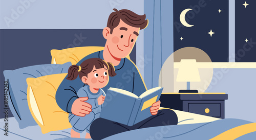 Vector illustration of a dad reading a bedtime story to his daughter, expressing care, imagination, and peaceful family time in a cozy flat vector home scene