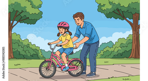 Vector illustration of a father teaching his daughter to ride a bicycle in a park, representing outdoor bonding, encouragement, and joyful family moments in flat vector style