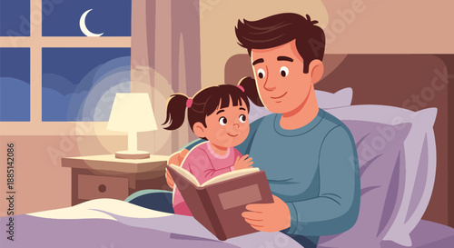 Vector illustration of a dad reading a bedtime story to his daughter, expressing care, imagination, and peaceful family time in a cozy flat vector home scene